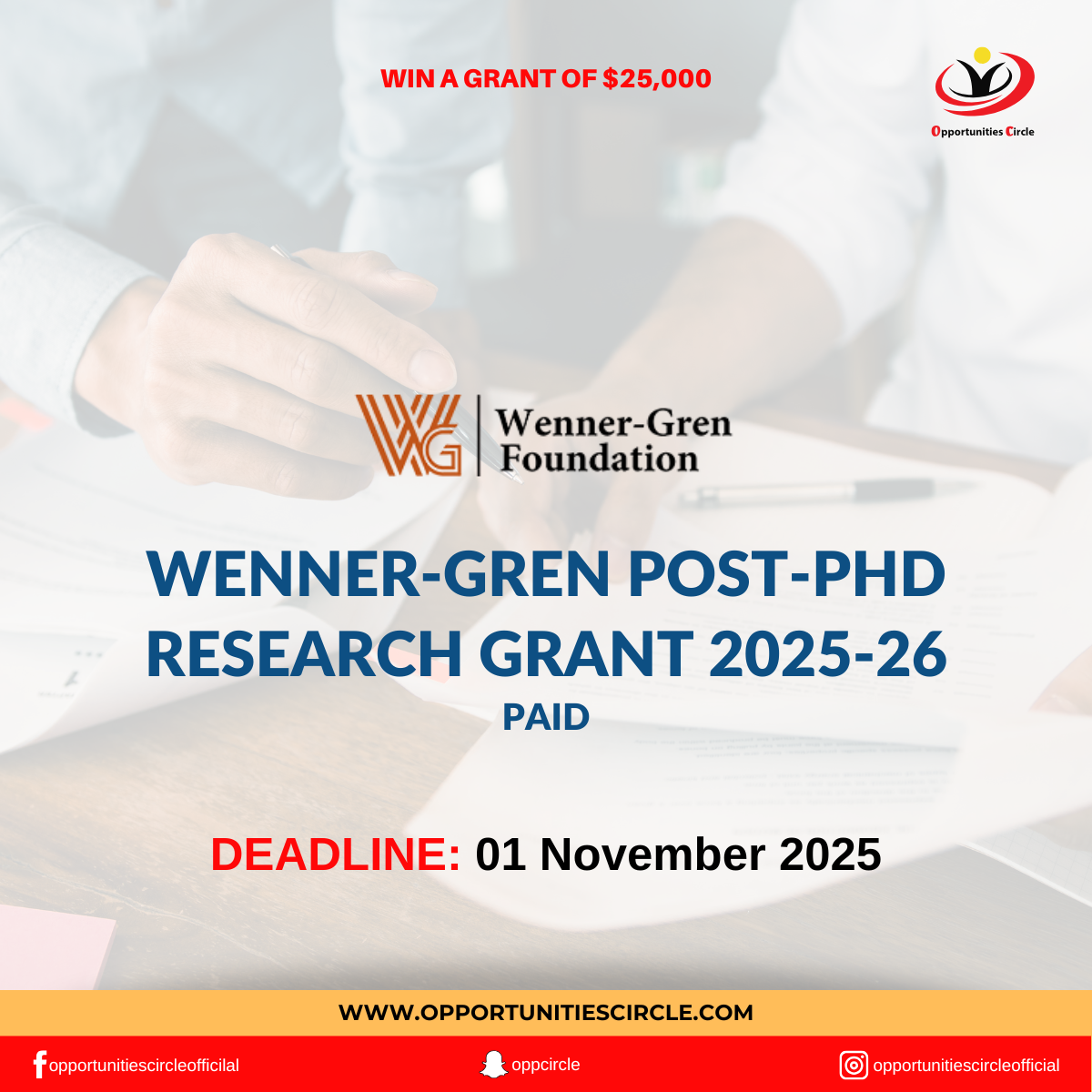 Wenner-Gren Post-PhD Research Grant 2025-26 - Opportunities Circle