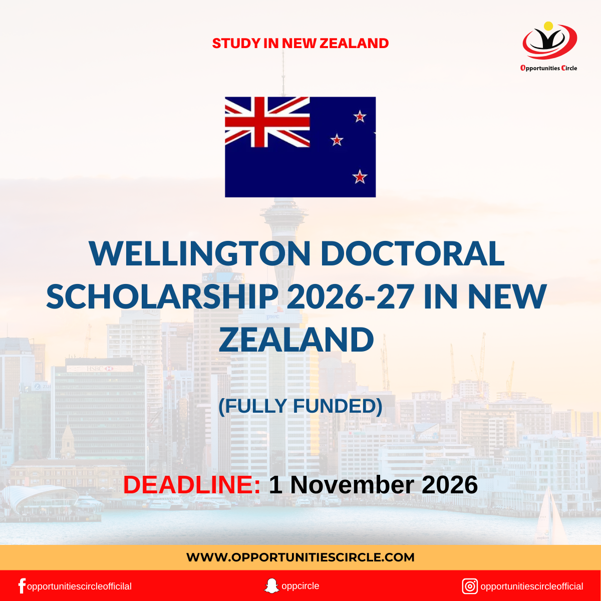 Wellington Doctoral Scholarship 2026-27 in New Zealand