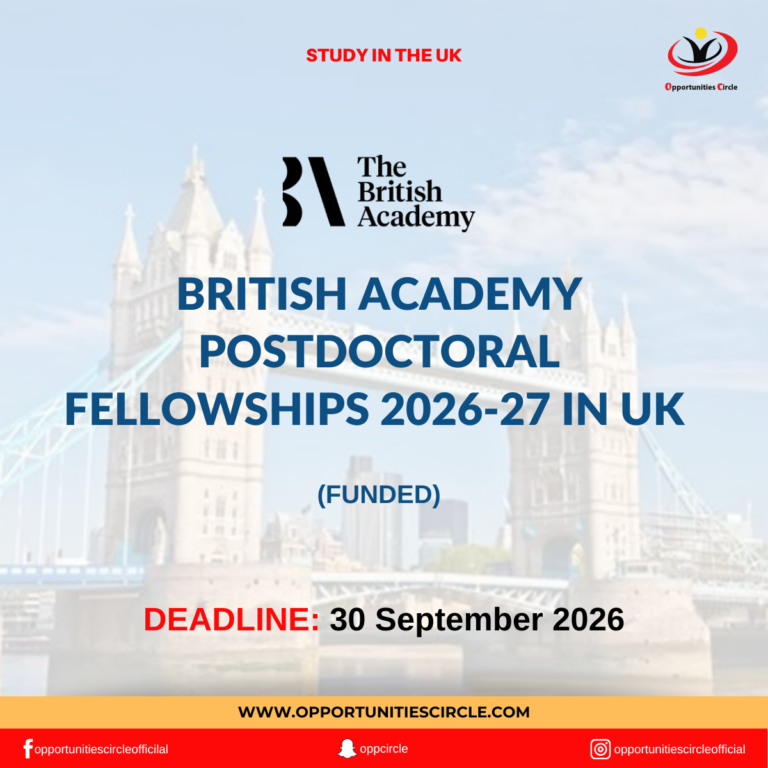 British Academy Postdoctoral Fellowships 2026-27 in UK